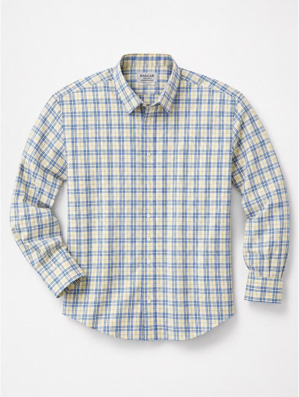 Haggar Men's Blue Yellow Button-Down Shirt Size 34/35 Long Sleeve